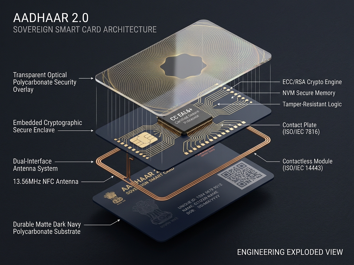 Aadhaar 2.0 Sovereign Smart Card Silicon Architecture and Multi-Layer Exploded Diagram